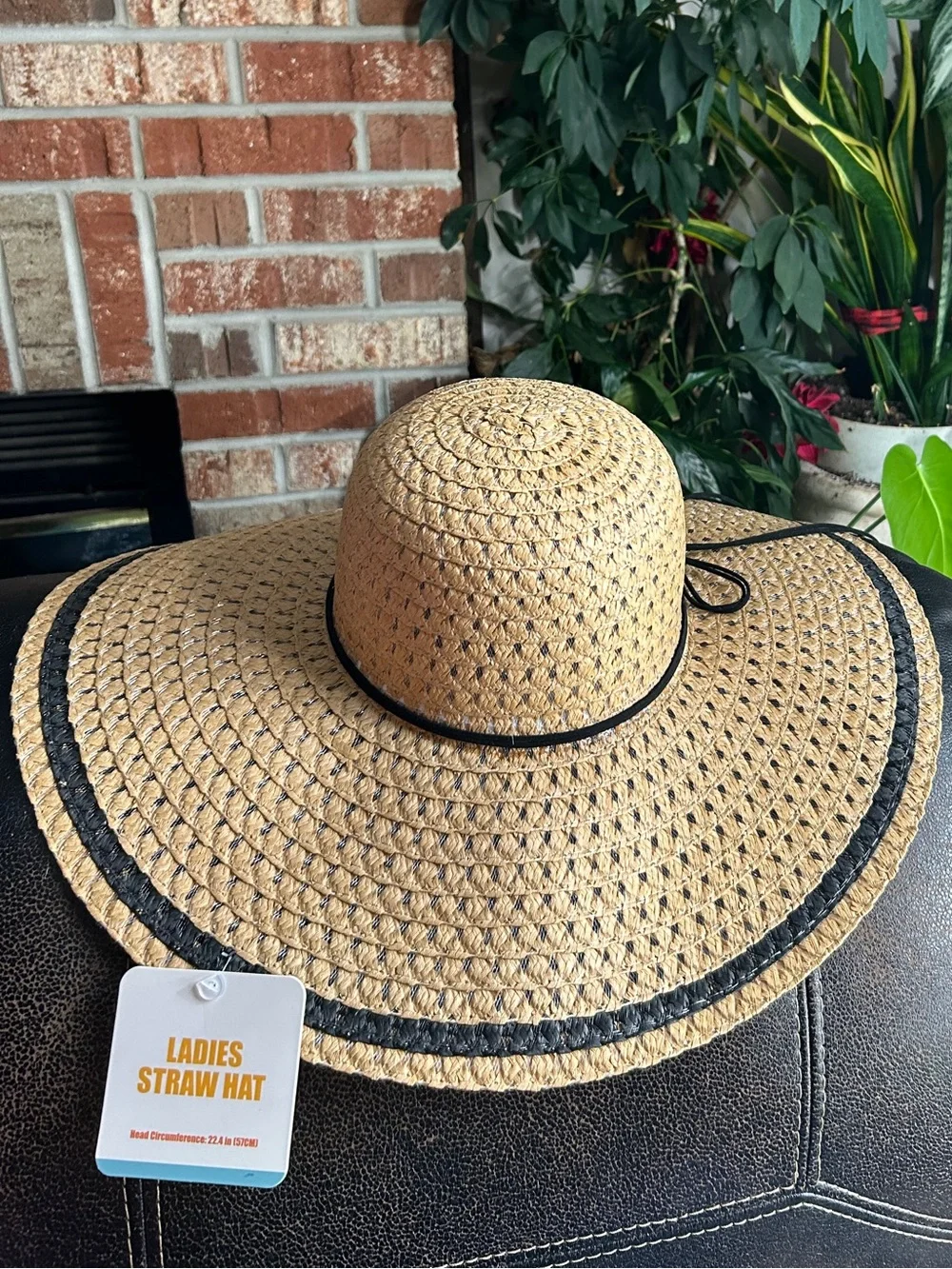 Natural Straw Wide Sun Hat with Black Trim and Black Bow